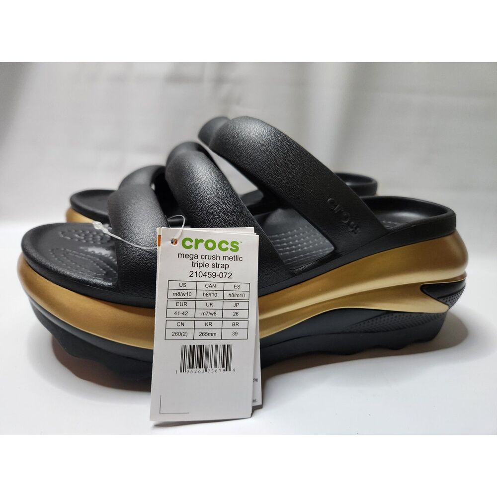 Crocs Mega Crush Triple Strap Wedge Sandals Women’s 10 Black Metallic